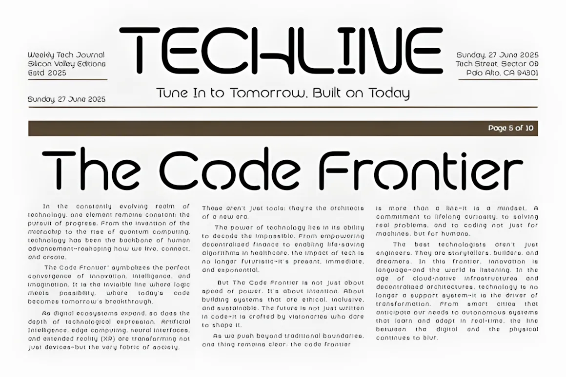 Best Sans Serif Fonts: 40 Modern Typefaces for Right Now 11 A page from a tech journal featuring the title 'The Code Frontier' in a modern sans serif font.
