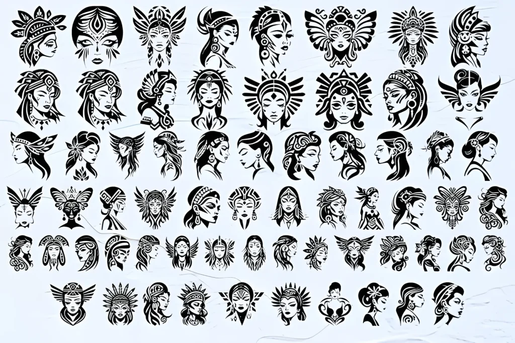Pin-up Tribal Girl Font: Retro Dingbats With Tattoo Style 4 Pin-up Tribal Girl Font tribal tattoo pin up icons for stickers and decals