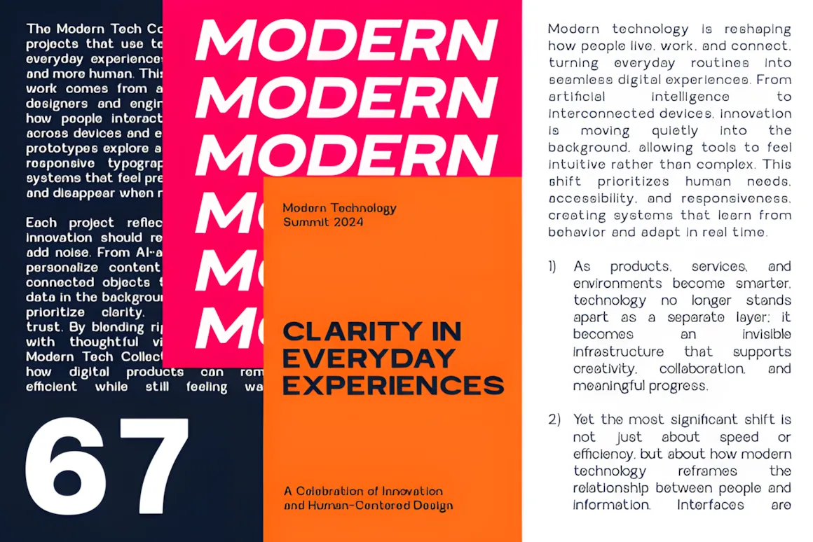 Best Sans Serif Fonts: 40 Modern Typefaces for Right Now 3 Colorful text design featuring the words 'Modern' and 'Clarity in Everyday Experiences' for a technology summit.