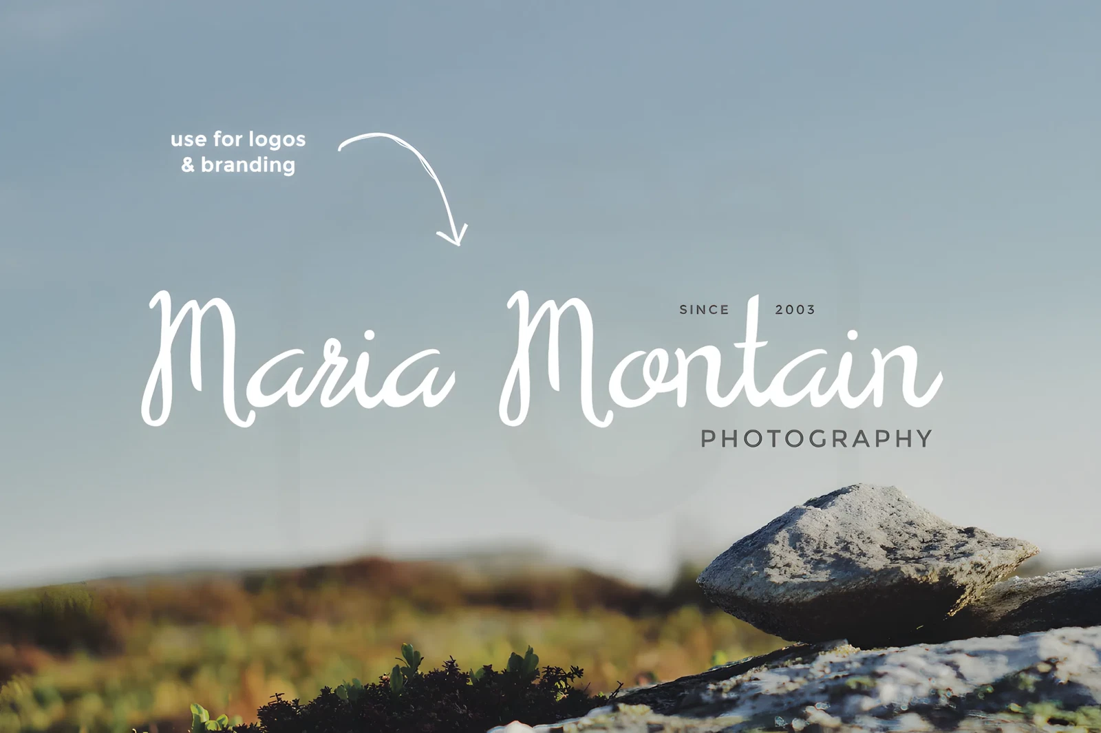 15 Best Script Fonts for Formal and Casual Branding 8 Script font example showcasing 'Maria Montain Photography' for branding use.