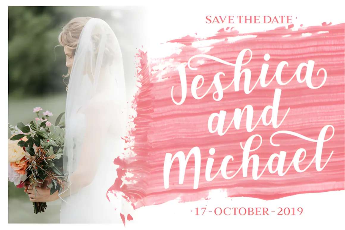 15 Best Script Fonts for Formal and Casual Branding 9 Wedding save the date card featuring a bride holding a bouquet with elegant script text.