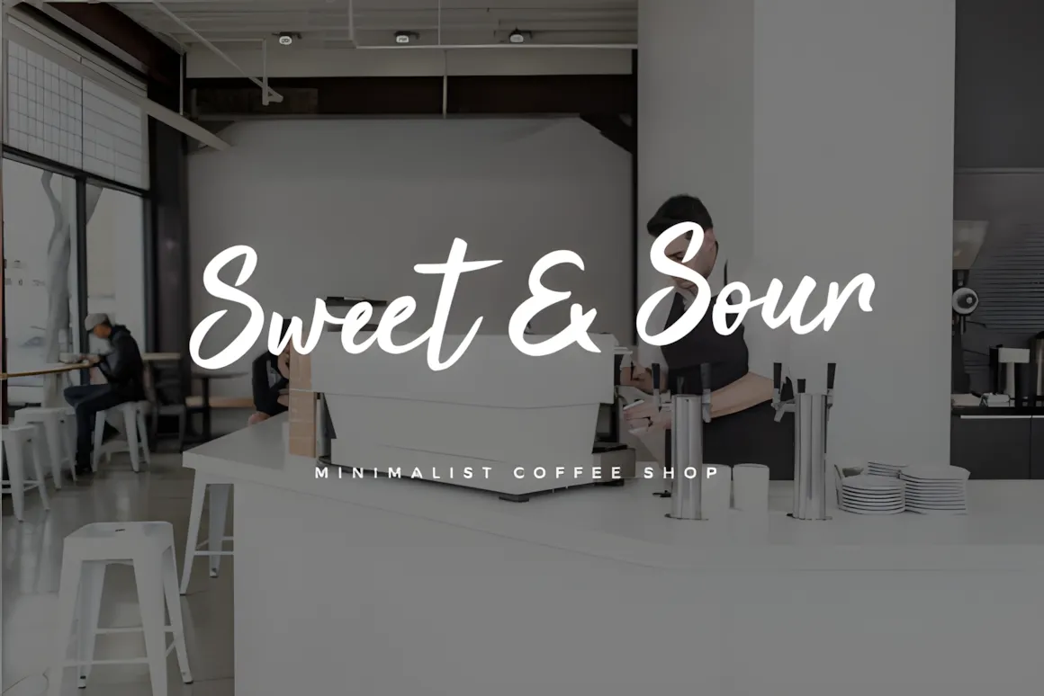 15 Best Script Fonts for Formal and Casual Branding 14 Stylish script font displaying 'Sweet & Sour' in a minimalist coffee shop setting.