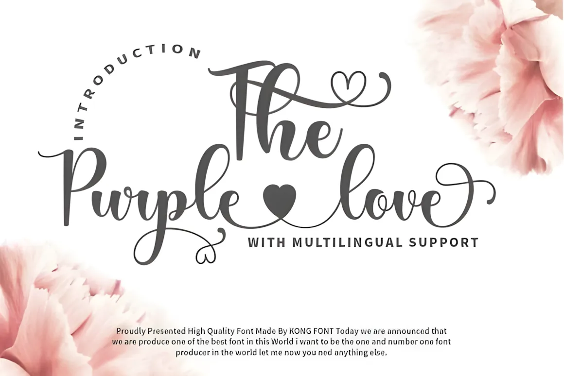 23 Best Valentine’s Day Script Fonts with Commercial License 15 The Purple Love Font displayed with floral accents and text highlighting multilingual support.