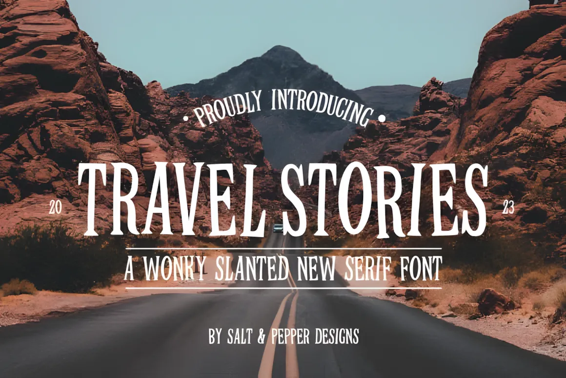 Travel Stories serif font showcase featuring a wonky slanted vintage typeface designed for travel posters, branding, and storytelling typography.