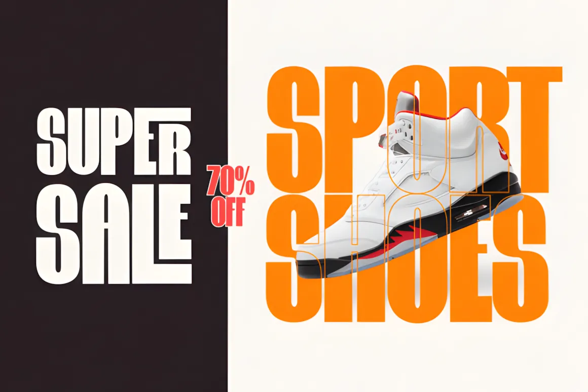 20 Best Display Sans Serif Font Styles for Designers 18 Bold display sans serif text promoting a super sale on sport shoes with a shoe image.