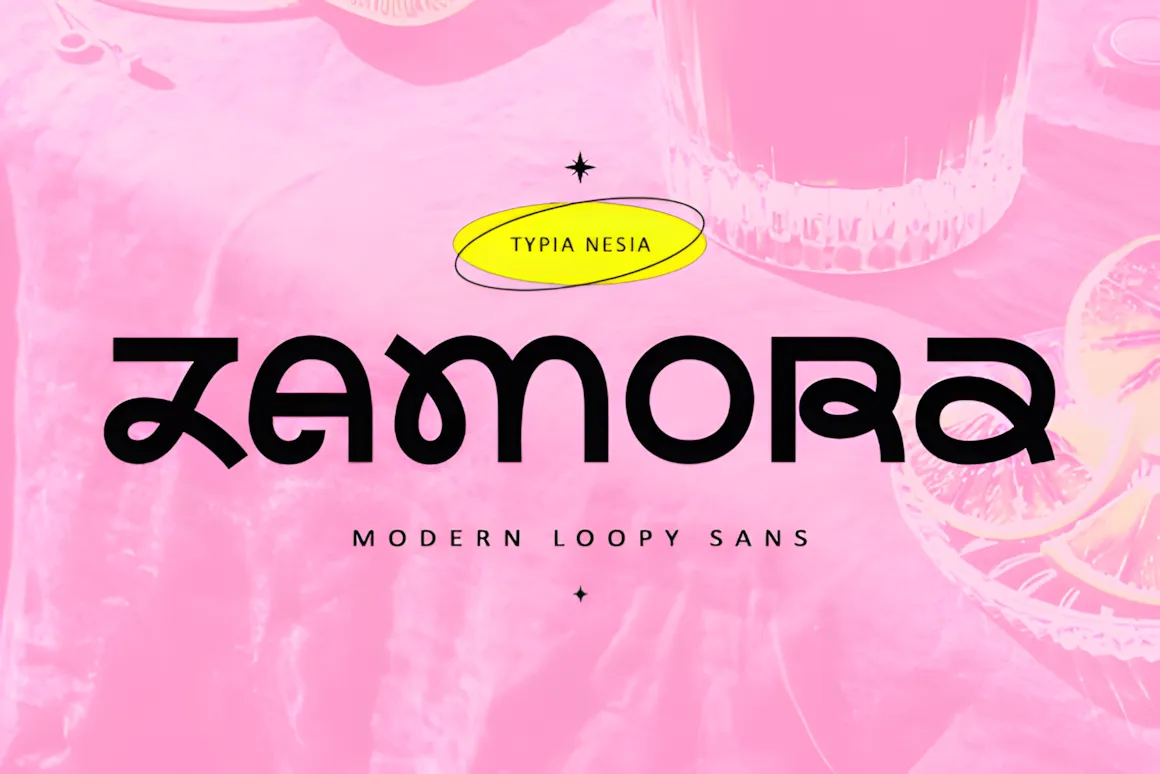 20 Best Display Sans Serif Font Styles for Designers 20 Zamora font displayed in a modern loopy sans style on a pink background.
