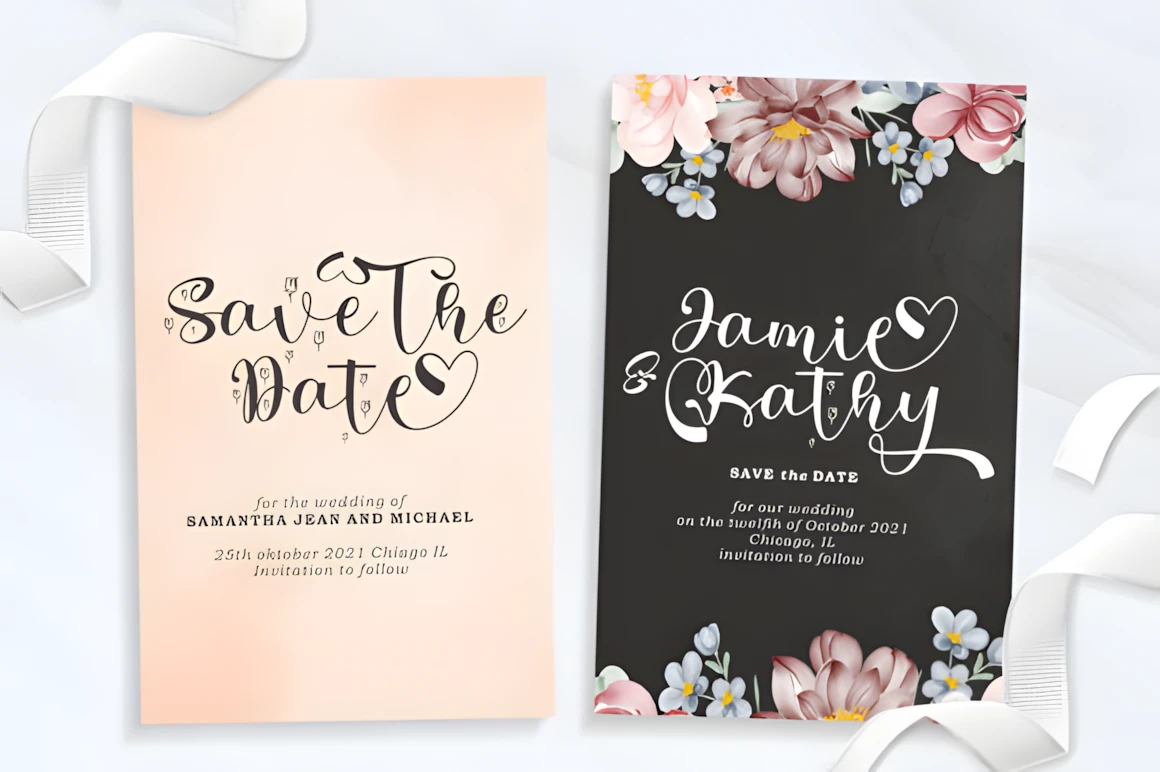 Top 9 Best Romantic Script Fonts for Valentine’s Day Cards 7 Elegant wedding invitation designs featuring romantic script fonts and floral decorations.
