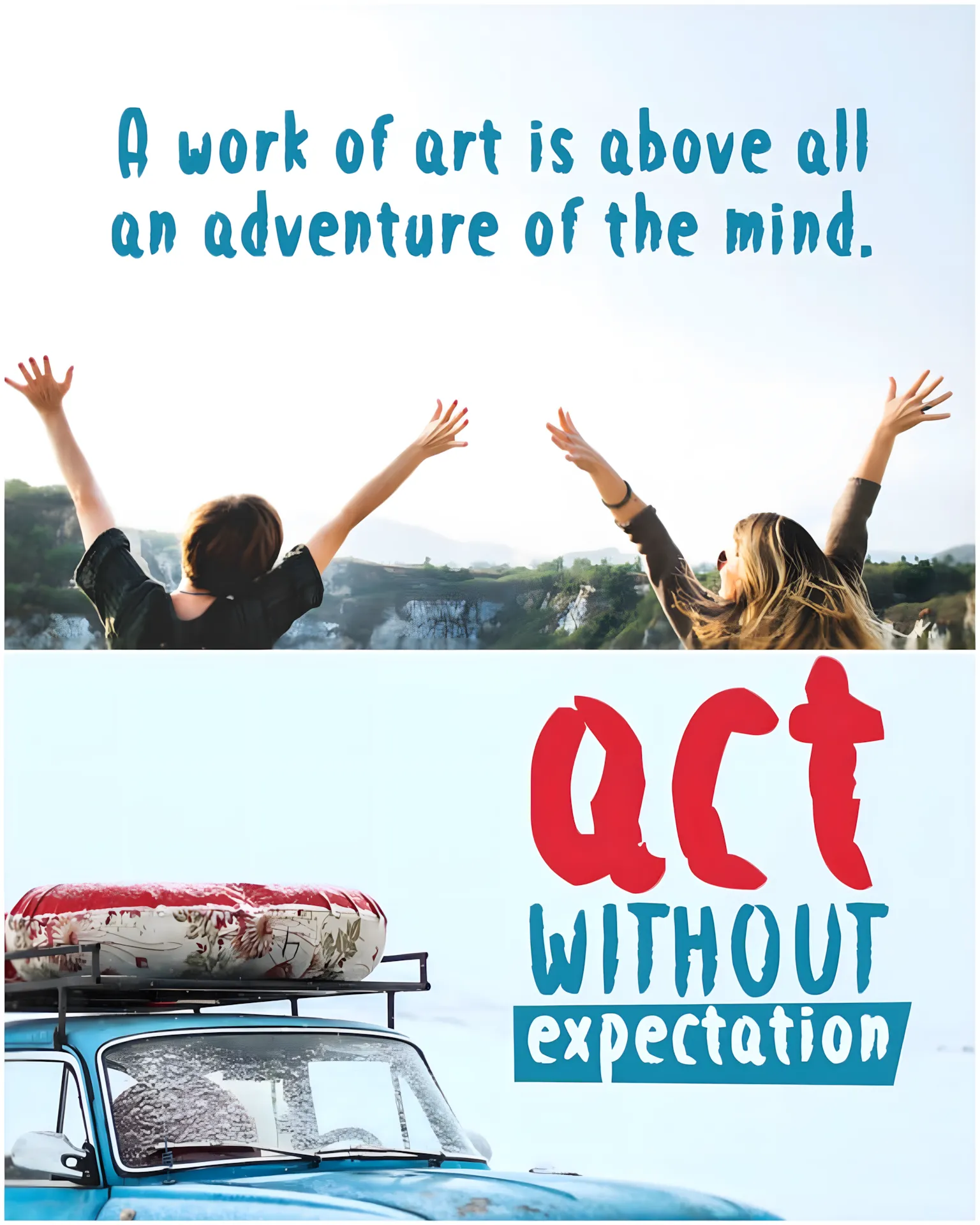 Adventure Away Brush Script Font for Creative Designs 2 Two people with arms raised in joy, with a scenic background and inspirational text overlay.