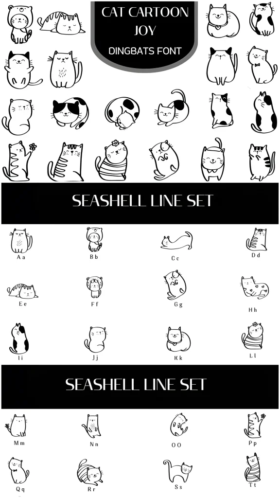 Cat Cartoon Joy Font: Cute Dingbats Typeface for Fun Designs 2 Cat Cartoon Joy Font playful cat icons for stickers and planners