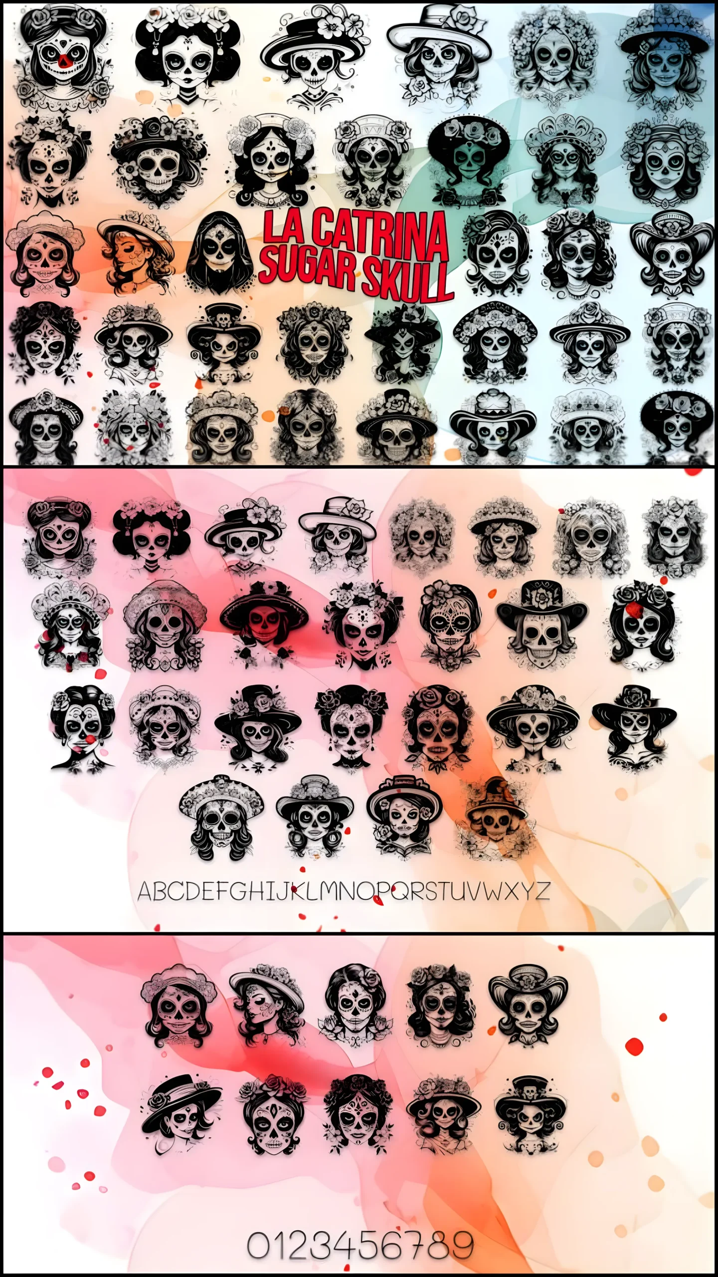 La Catrina Sugar Skull Font: Day of the Dead Dingbats 2 La Catrina Sugar Skull Font day of the dead sugar skull dingbats set