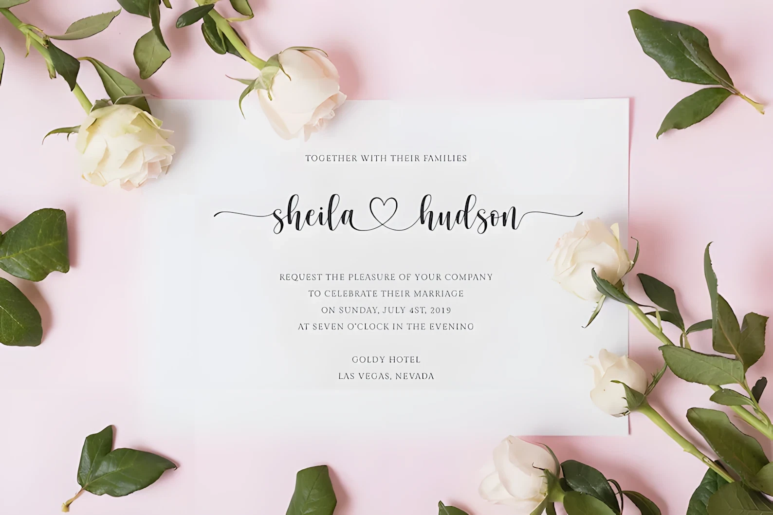 Top 9 Best Romantic Script Fonts for Valentine’s Day Cards 10 Elegant wedding invitation featuring romantic script font surrounded by white roses and green leaves.