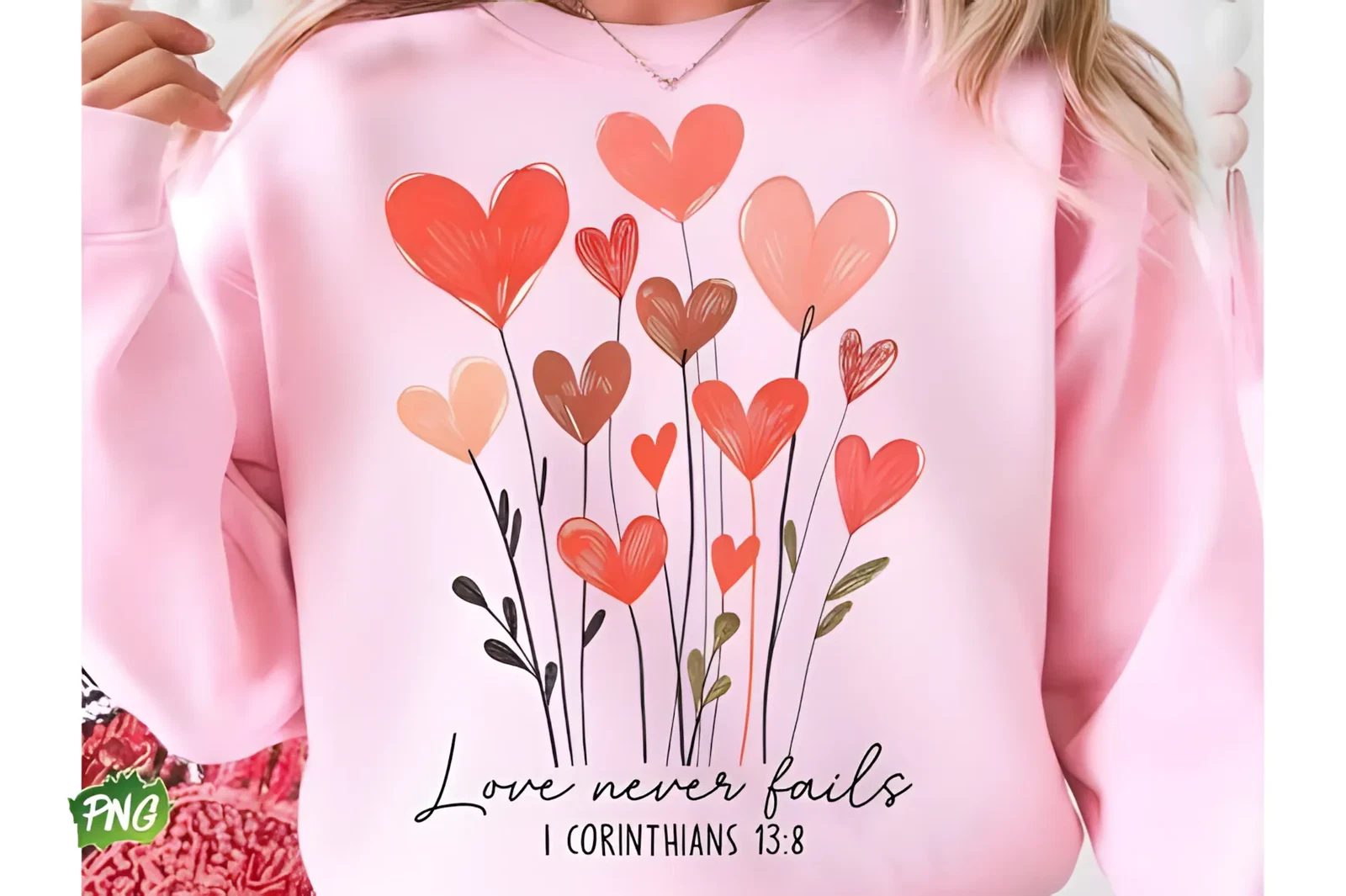Love Never Fails PNG for Faith-Based Valentine Gifts 3 Love Never Fails bible verse PNG on Christian Valentine t-shirt mockup