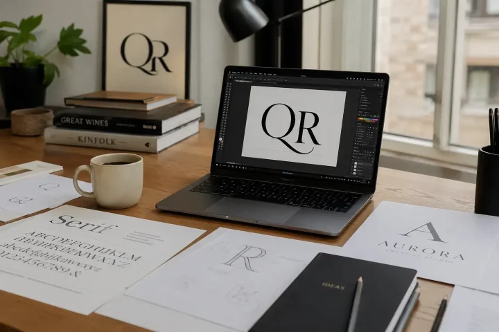 best serif fonts for logo design shown in modern designer workspace with typography samples
