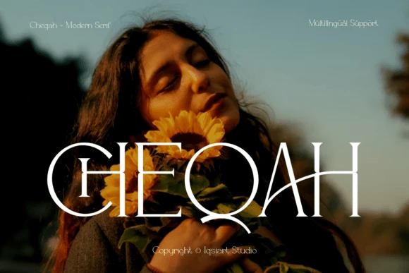 8 Best Serif Fonts for Logo Design: Modern, Luxury & Display Picks 3 Cheqah modern serif font displayed with a woman holding sunflowers, showcasing its elegant style.