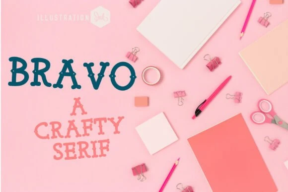 8 Best Serif Fonts for Logo Design: Modern, Luxury & Display Picks 2 The word 'Bravo' in a playful serif font on a pink background with crafting supplies.