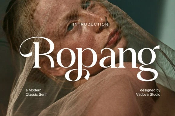 8 Best Serif Fonts for Logo Design: Modern, Luxury & Display Picks 4 Ropang serif font displayed over a model's portrait with a veil, showcasing elegant typography.