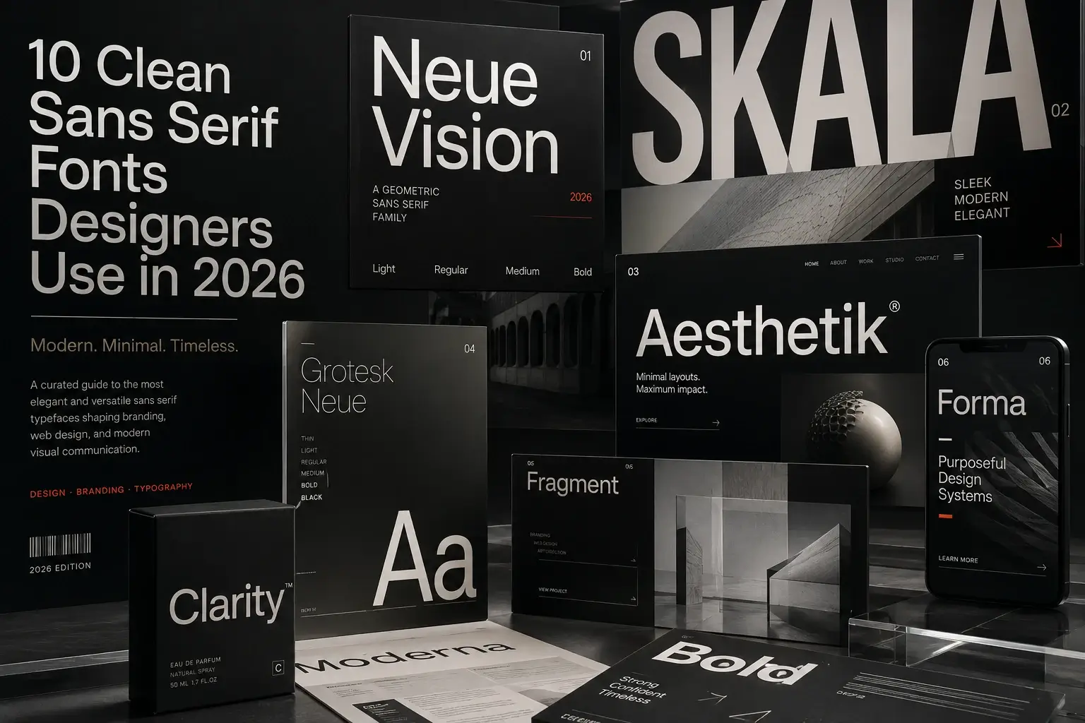 Modern editorial collage featuring clean sans serif fonts, minimalist typography layouts, branding mockups, and contemporary web design inspiration in 2026.