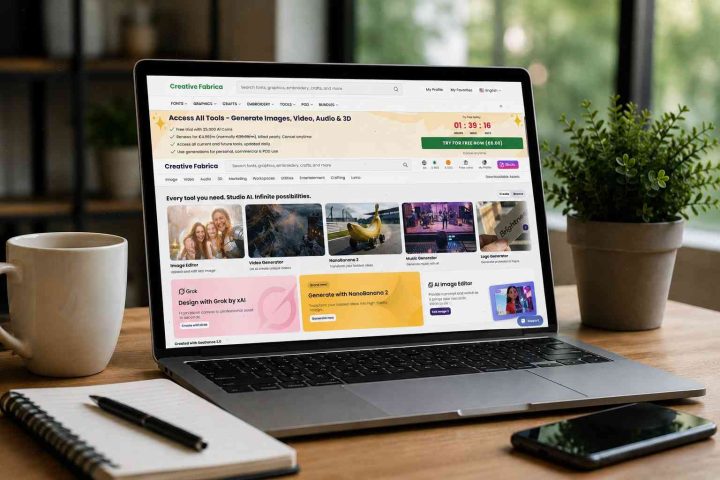 Creative Fabrica Subscription Review workspace with AI tools and design assets on laptop screen