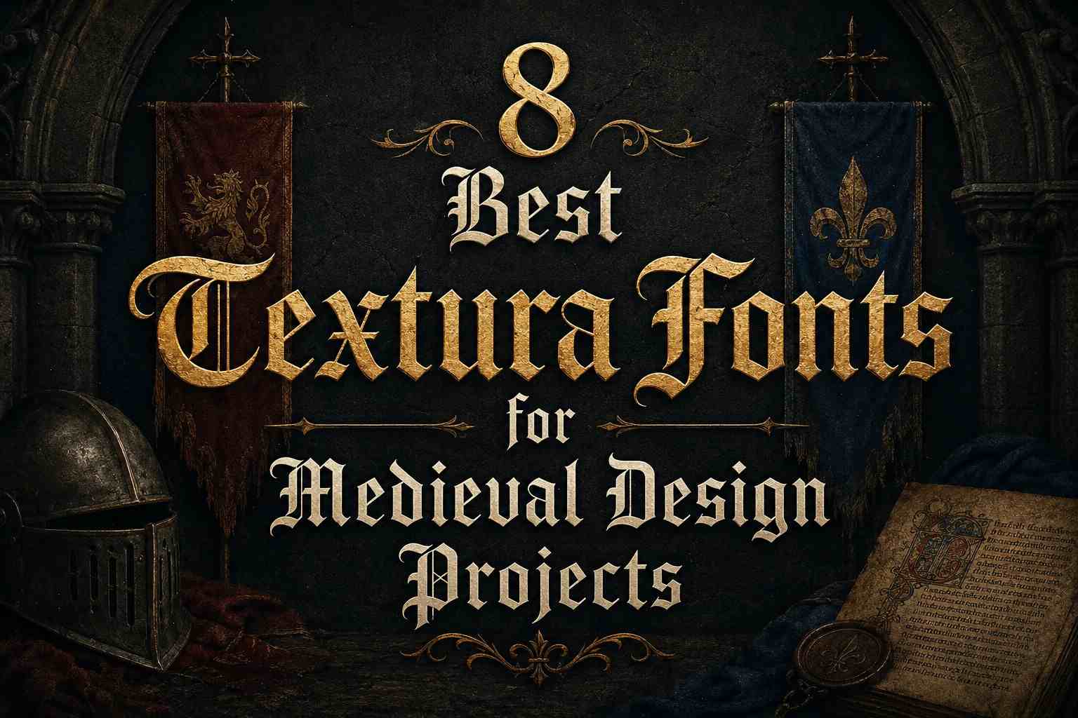 Textura fonts collection for medieval design projects with gothic blackletter typography and fantasy-inspired medieval lettering