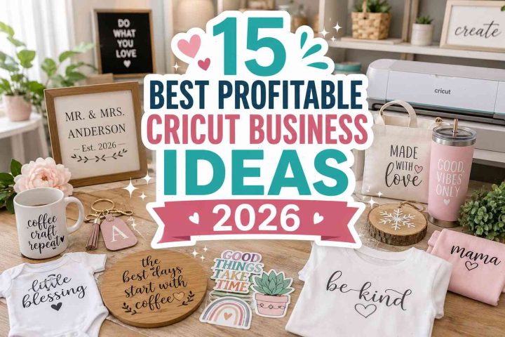 Profitable Cricut business ideas with handmade products including custom t-shirts, stickers, mugs, wedding signs, baby gifts, vinyl decals, and holiday crafts in a modern craft workspace