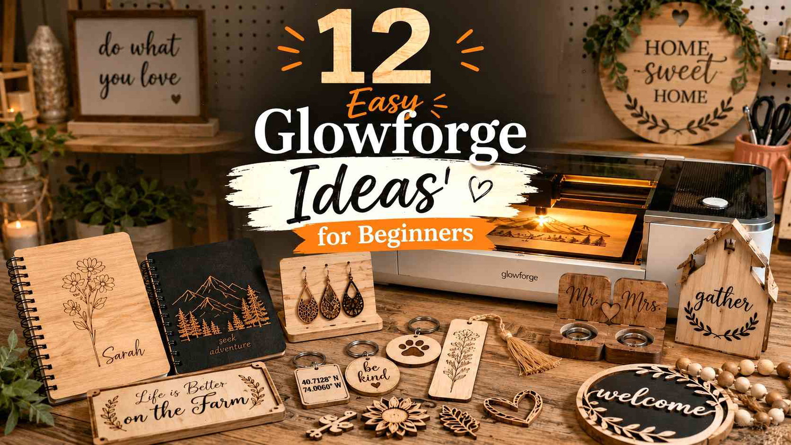 Beginner-friendly Glowforge laser-cut products including earrings, signs, bookmarks, and keychains displayed for Etsy selling inspiration.