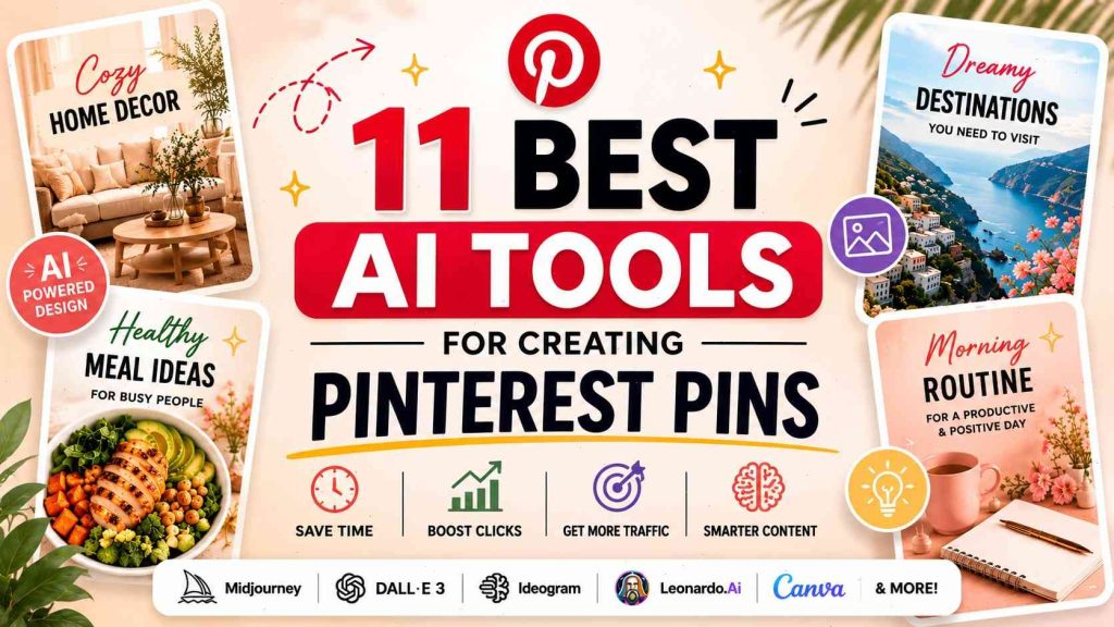 AI Tools for Creating Pinterest Pins infographic featuring Midjourney, DALL·E 3, Canva AI, Ideogram, Leonardo AI, and Pinterest design examples.