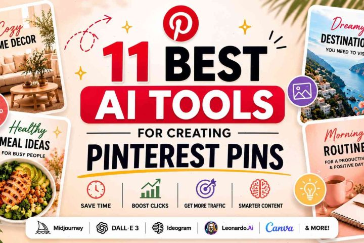 AI Tools for Creating Pinterest Pins infographic featuring Midjourney, DALL·E 3, Canva AI, Ideogram, Leonardo AI, and Pinterest design examples.