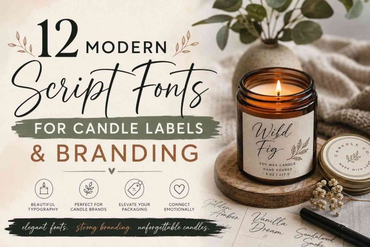 Modern candle branding cover featuring elegant script fonts, luxury candle jar mockup, and minimalist label design inspiration.