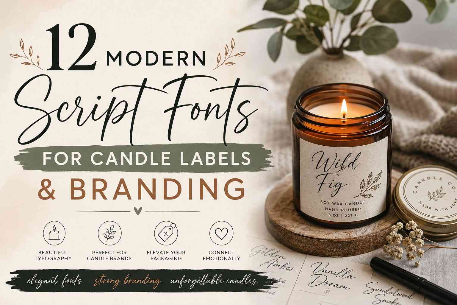 Modern candle branding cover featuring elegant script fonts, luxury candle jar mockup, and minimalist label design inspiration.