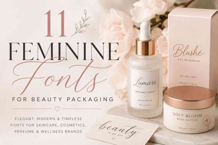 Elegant feminine fonts for beauty packaging shown on luxury skincare and cosmetic branding mockups