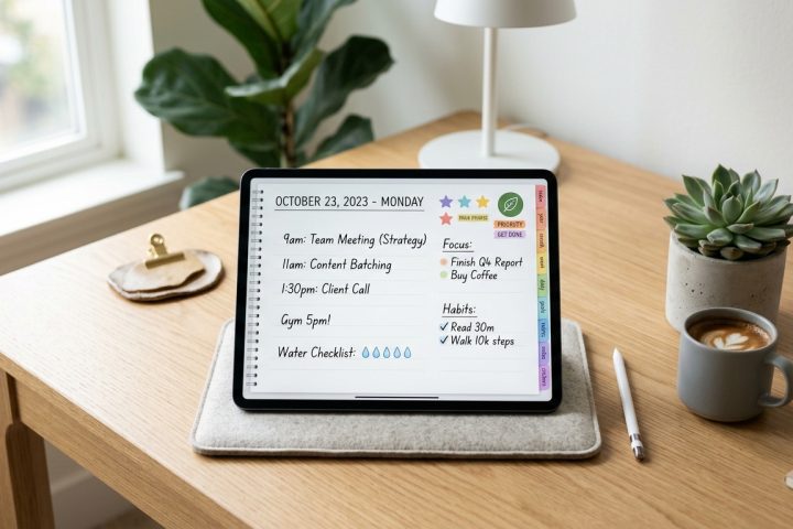Digital daily planner on a tablet showing a schedule, focus tasks, and habit tracker