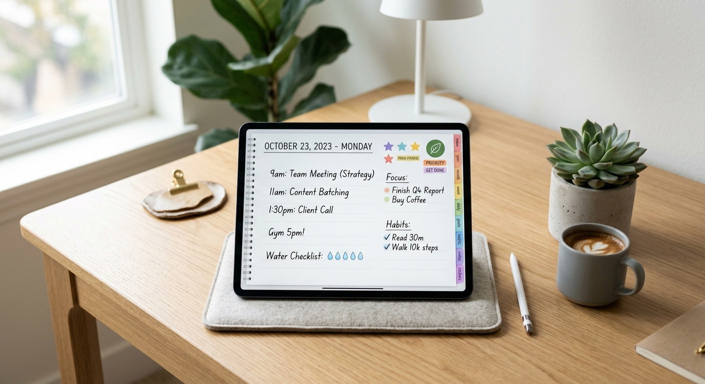 Digital daily planner on a tablet showing a schedule, focus tasks, and habit tracker