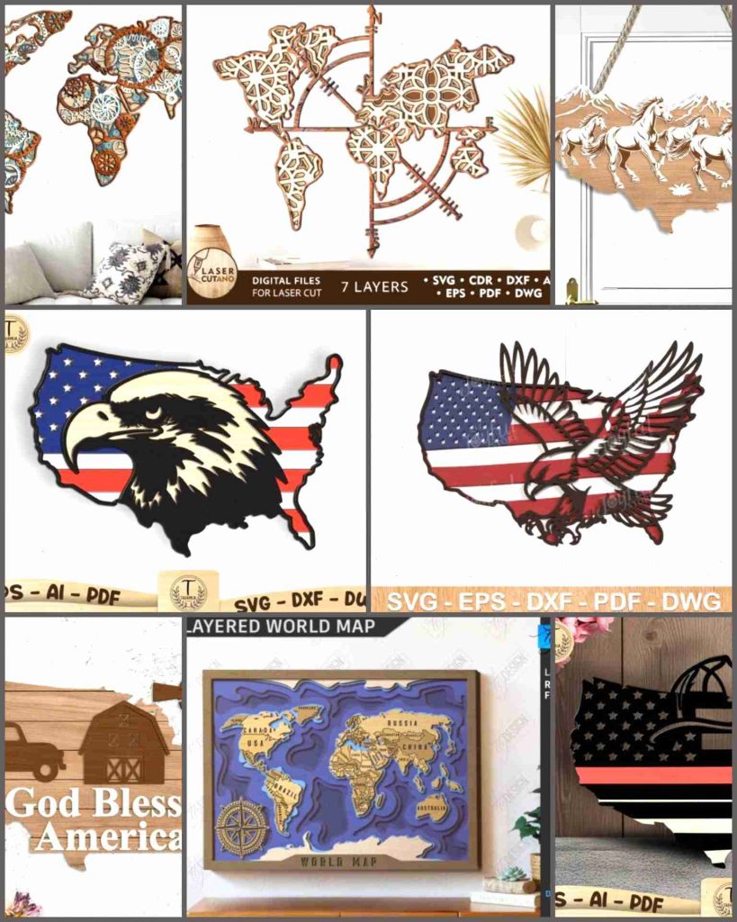 9 Easy Glowforge Designs That Sell on Etsy 7 Glowforge designs that sell on Etsy featuring farmhouse USA map wall decor with rustic patriotic style