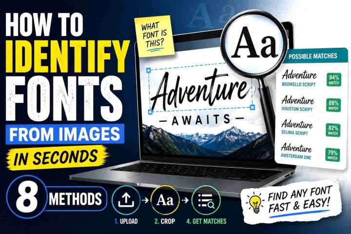 Laptop screen showing AI tools used to identify fonts from images, including typography recognition software analyzing font styles from screenshots and photos for designers and content creators.