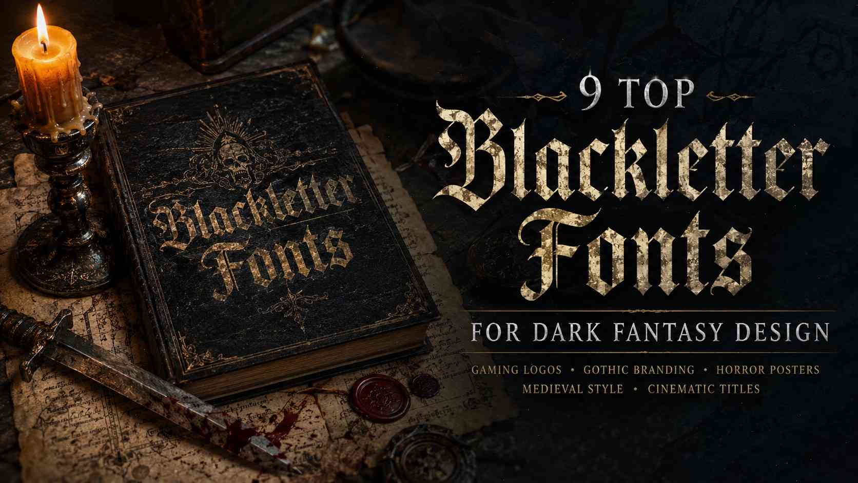 Collection of blackletter fonts for dark fantasy design featuring gothic typography, medieval lettering, fantasy gaming logos, horror branding, and cinematic gothic aesthetics