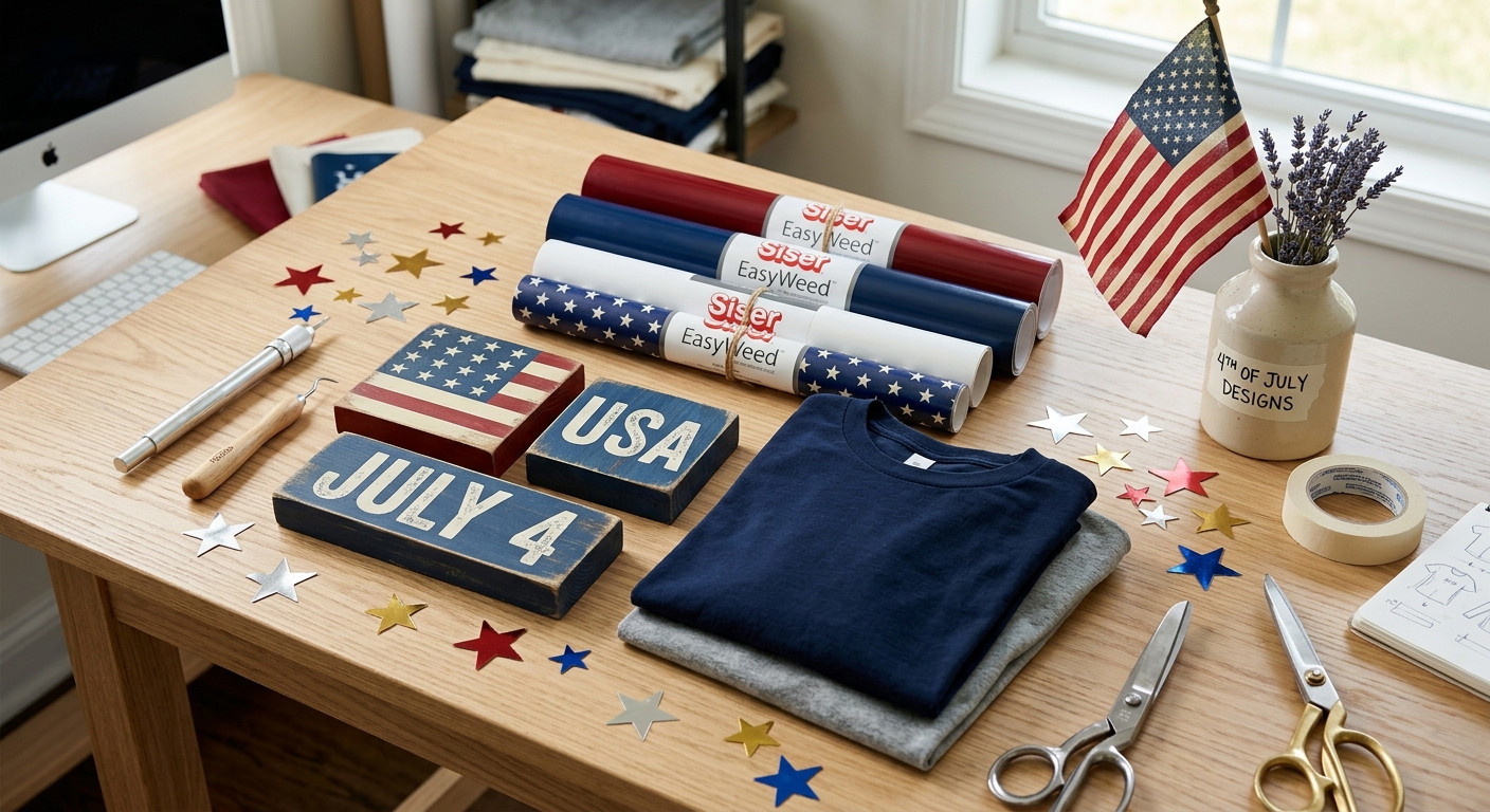 Siser EasyWeed vinyl rolls in patriotic colours, wooden July 4th signs, t-shirts, and crafting tools on a desk