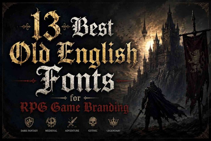 Old English fonts for RPG game branding with gothic medieval fantasy typography and blackletter logo styles