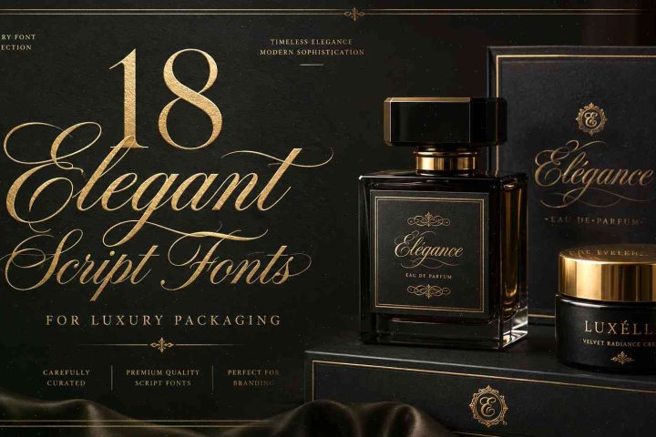 Elegant script fonts for luxury packaging displayed on premium black and gold branding with luxury perfume and cosmetic packaging design.