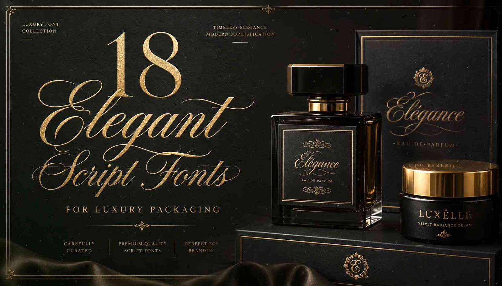 Elegant script fonts for luxury packaging displayed on premium black and gold branding with luxury perfume and cosmetic packaging design.