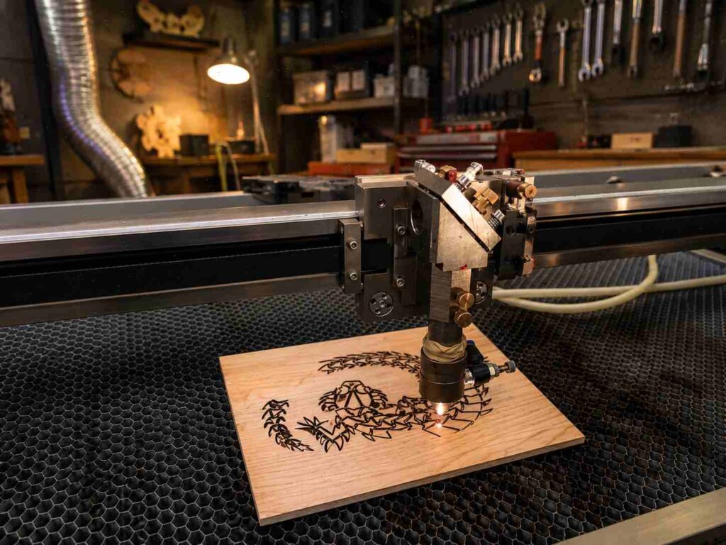CO2 Laser Cutting Machine For Small Business: Real Setup Budget 3 CO2 laser cutter engraving a dragon design on wood in a workshop setting