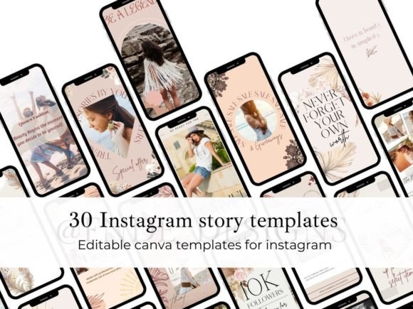 12 Instagram Stories Templates for Small Businesses That Save Time 8 Collection of 30 editable Canva Instagram Story templates featuring various designs and layouts.
