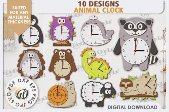 99+ Laser Cut Wood Projects To Sell From Home 5 Collection of animal-themed wall clocks featuring various designs and colors.