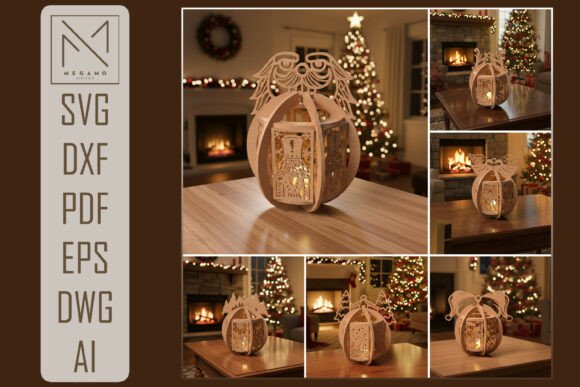 99+ Laser Cut Wood Projects To Sell From Home 395 Laser cut wooden lantern with intricate design, illuminated, displayed on a table with holiday decorations in the background.