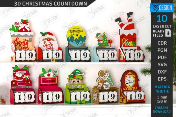 99+ Laser Cut Wood Projects To Sell From Home 442 Colorful laser cut wooden Christmas countdown calendar with various festive designs and numbers.
