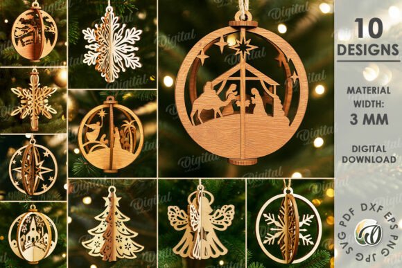 Easy Laser Cut Wood Projects To Sell On Etsy 52 Laser cut wood Christmas ornaments featuring various designs including a nativity scene, snowflakes, and trees.