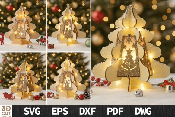 99+ Laser Cut Wood Projects To Sell From Home 398 Laser cut wood Christmas tree lantern with intricate design and warm lights, perfect for holiday decor.