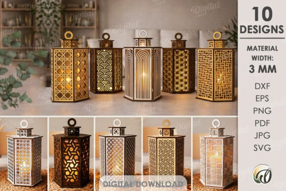 99+ Laser Cut Wood Projects To Sell From Home 379 Collection of laser cut wood lantern designs showcasing intricate patterns and warm lighting.