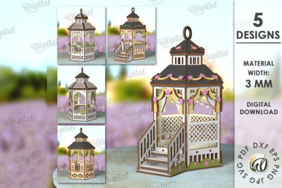99+ Laser Cut Wood Projects To Sell From Home 380 Set of 3D decorative lantern designs for laser cutting, showcasing intricate details and floral accents.