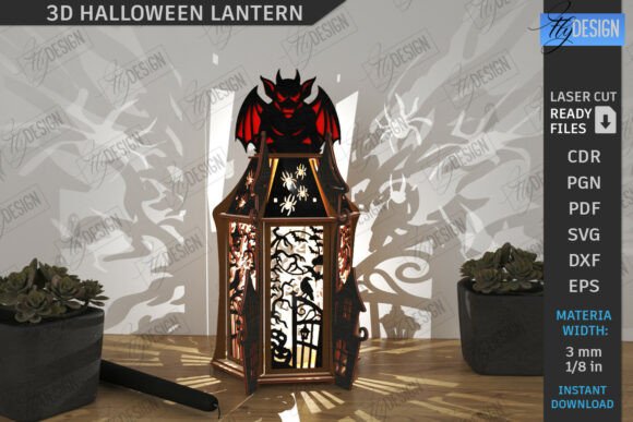 99+ Laser Cut Wood Projects To Sell From Home 188 3D Halloween lantern with intricate laser cut designs casting shadows, surrounded by decorative plants.