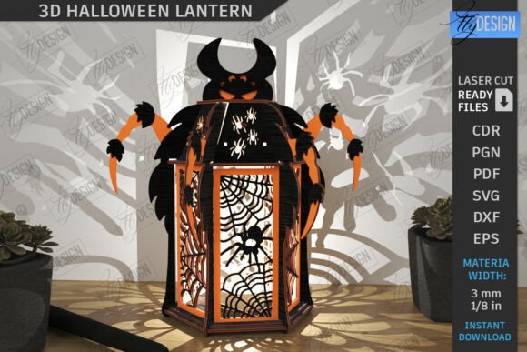 99+ Laser Cut Wood Projects To Sell From Home 186 3D Halloween lantern design featuring spider and web details, suitable for laser cutting projects.
